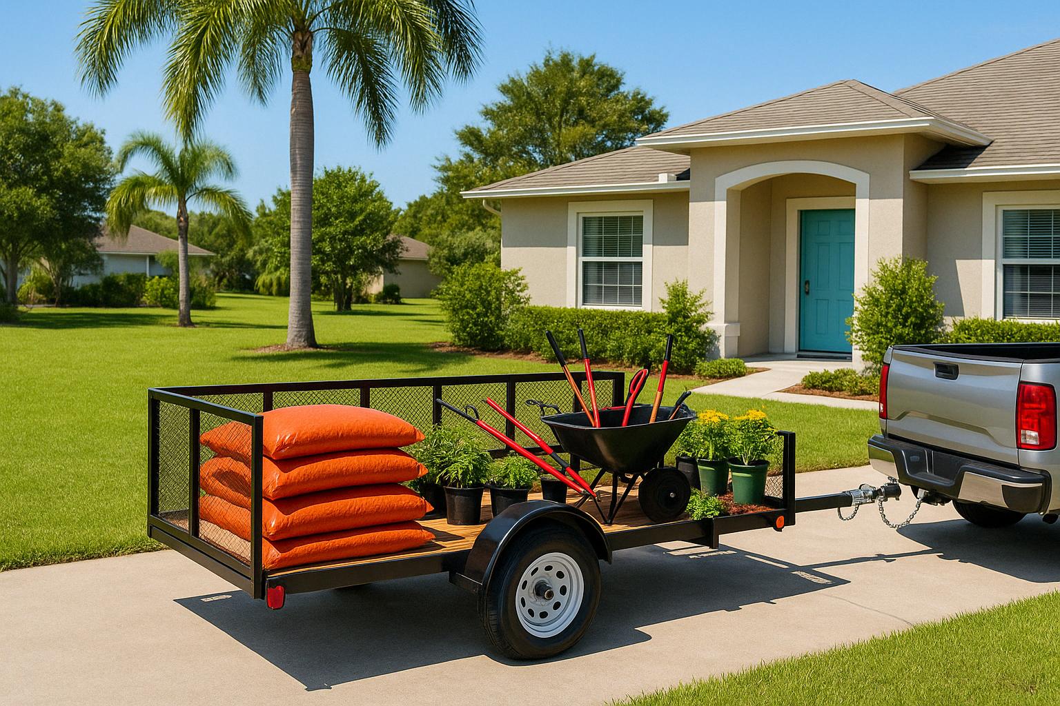 Silver pickup truck with a utility trailer loaded with landscaping tools and plants, parked in a sunny Florida driveway.